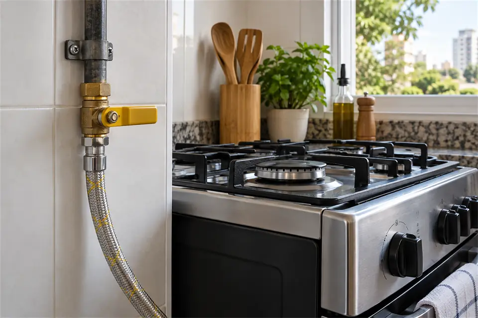 Registro de gás com mangueira nova ligada ao fogão da cozinha